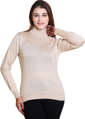 Winter knit Self Design High Neck Casual Women Beige Sweater