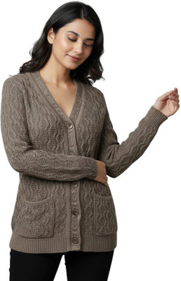 nageshwar Self Design V Neck Casual Women Brown Sweater