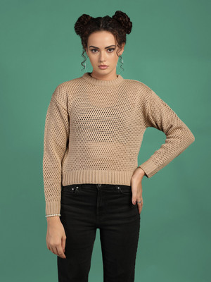CHKOKKO Self Design Round Neck Casual Women Beige Sweater