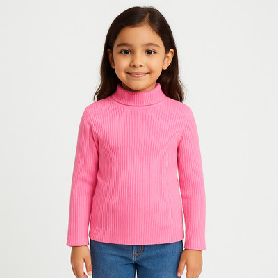 Chiclift Solid High Neck Casual Baby Girls Pink Sweater