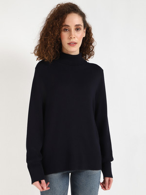 TOMMY HILFIGER Self Design High Neck Casual Women Blue Sweater