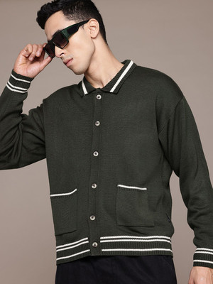 Roadster Solid Keyhole Neck Casual Men Green Sweater