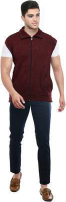 manra Solid Collared Neck Casual Men Maroon Sweater