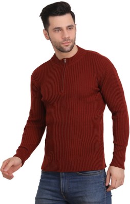 PRANO Solid High Neck Casual Men Maroon Sweater