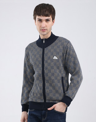 MONTE CARLO Printed High Neck Casual Men Blue Sweater