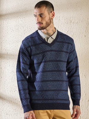 Pivl Self Design V Neck Casual Men Dark Blue Sweater