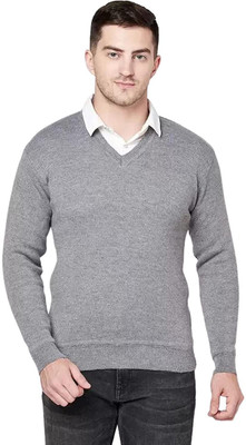 COMPANY ME Solid V Neck Casual Men Grey Sweater