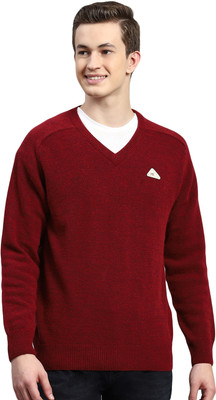 MONTE CARLO Solid V Neck Casual Men Maroon Sweater