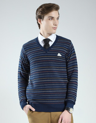MONTE CARLO Striped V Neck Casual Men Blue Sweater