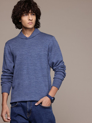 Roadster Solid Mandarin Neck Casual Men Blue Sweater