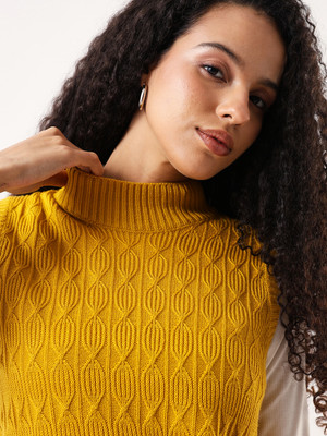 High Star Self Design Collared Neck Casual Women Yellow Sweater