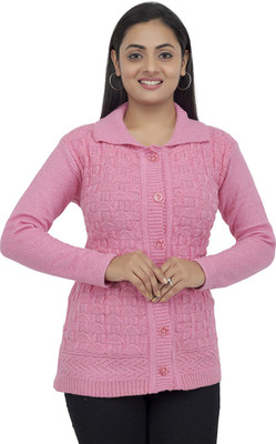 lewiston Self Design Collared Neck Casual Women Pink Sweater