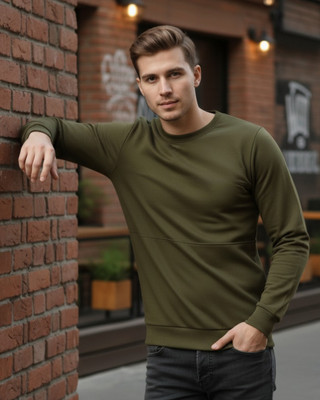 RIGO Solid Round Neck Casual Men Green Sweater