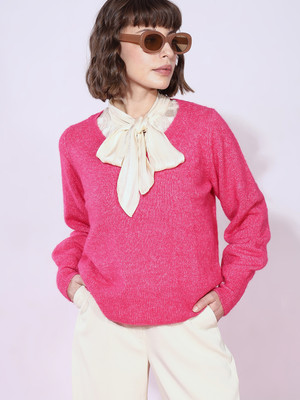 VERO MODA Self Design Round Neck Casual Women Pink Sweater