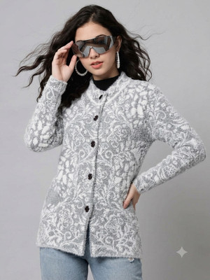 eWools Printed Mandarin Neck Casual Women Grey Sweater