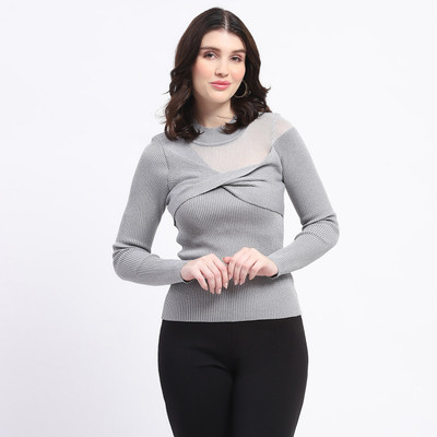 MADAME Solid Round Neck Casual Women Grey Sweater