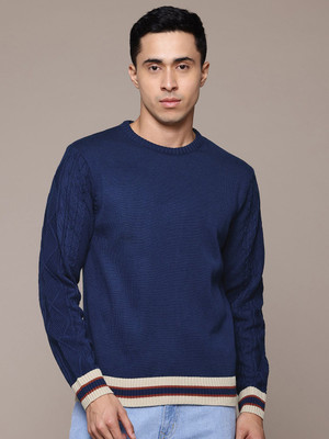 Roadster Solid Round Neck Casual Men Blue Sweater