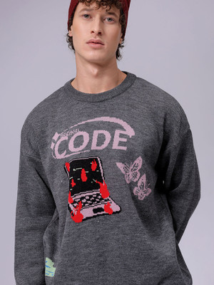 The Indian Garage Co. Graphic Print Crew Neck Casual Men Grey Sweater