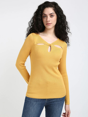 Calvin Klein Jeans Solid Keyhole Neck Casual Women Yellow Sweater