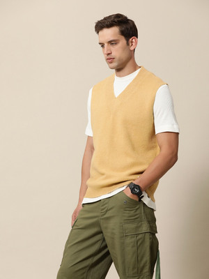 Mr Bowerbird Solid V Neck Casual Men Yellow Sweater