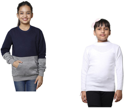 KAVYA Solid, Colorblock Round Neck Casual Girls Multicolor Sweater