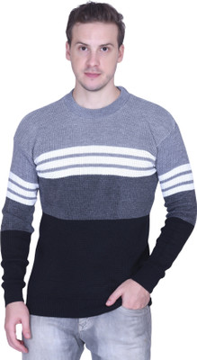 HouseOfCommon Striped Round Neck Casual Men Grey Sweater