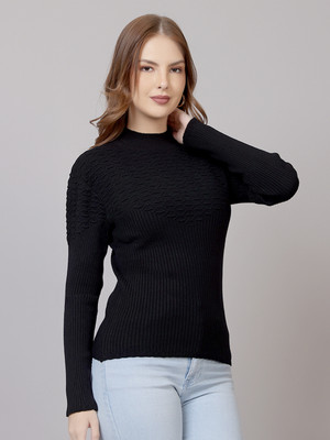 FEVERFEW Self Design High Neck Party Women Black Sweater
