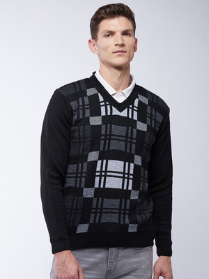 Pivl Printed V Neck Casual Men Black Sweater