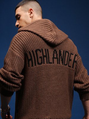 HIGHLANDER Self Design Hooded Neck Casual Men Brown Sweater