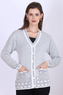 First Sleep Printed V Neck Casual Women Reversible White Sweater
