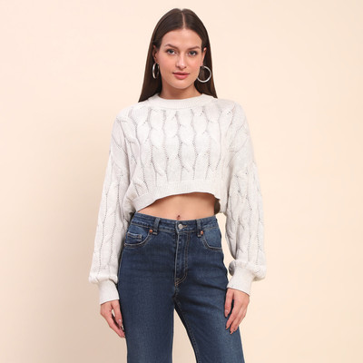 CAMLA Self Design Round Neck Casual Women Grey Sweater