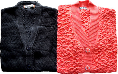 Shunit creation Self Design V Neck Lounge Wear Women Black, Pink Sweater