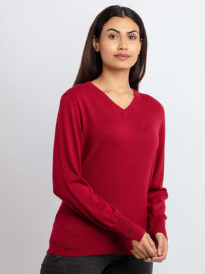 Status Quo Solid V Neck Casual Women Maroon Sweater