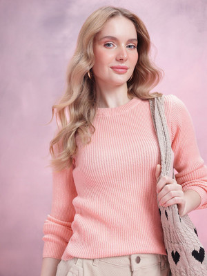 Dressberry Self Design Round Neck Casual Women Pink Sweater