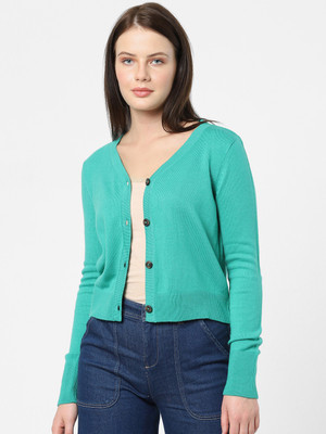 VERO MODA Printed V Neck Casual Women Green Sweater
