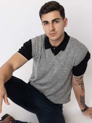 ARMISTO Self Design V Neck Party Men Grey Sweater