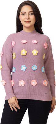 Lasoon Embroidered High Neck Casual Women Purple Sweater