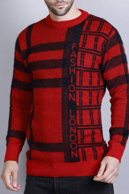 eWools Checkered Round Neck Casual Men Red Sweater