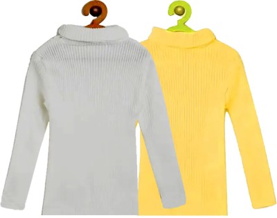 100LUCK Solid Turtle Neck Casual Boys & Girls White, Yellow Sweater