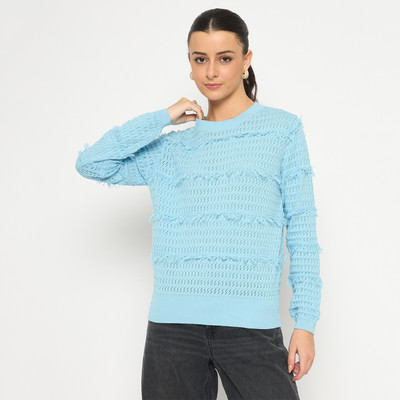 MADAME Solid Crew Neck Casual Women Blue Sweater