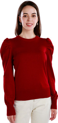 London Rag Solid Round Neck Casual Women Maroon Sweater