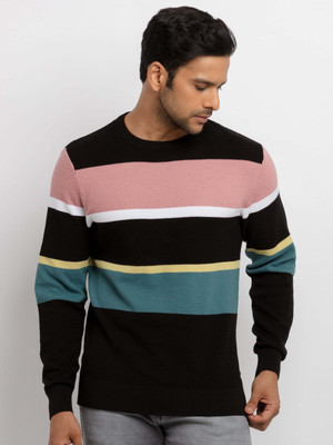 Status Quo Colorblock Round Neck Casual Men Black Sweater