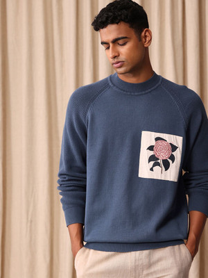 Mr Bowerbird Solid Round Neck Casual Men Blue Sweater