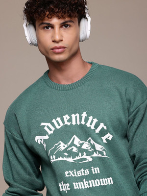 Roadster Printed Round Neck Casual Men Green Sweater