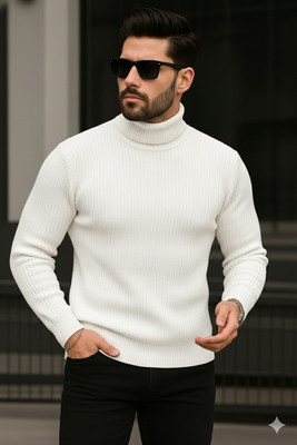 trendbite Solid Turtle Neck Party Men White Sweater