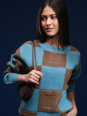 Tokyo Talkies Self Design Round Neck Casual Women Brown Sweater