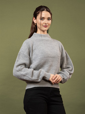 CHEMISTRY Self Design High Neck Casual Women Grey Sweater