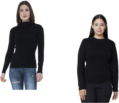 KAVYA Solid High Neck Casual Women Black Sweater