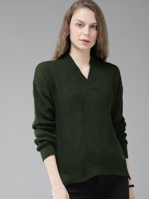 Roadster Woven V Neck Casual Women Dark Green Sweater
