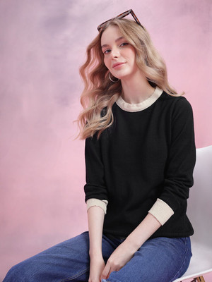 Dressberry Solid Round Neck Casual Women Black Sweater